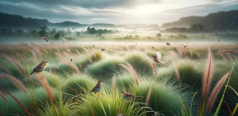 A serene grassland scene after a light rain, with birds like the savanna sparrow searching for insects.