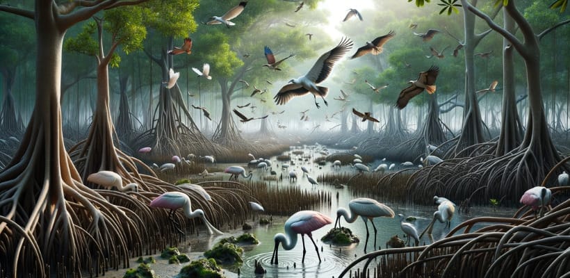 An image of a mangrove wetland highlighting birds like spoonbills, ospreys, and ibises.